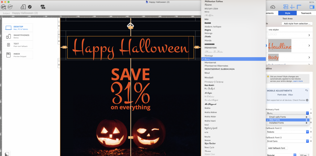 Halloween web font in Mail Designer 365 email design