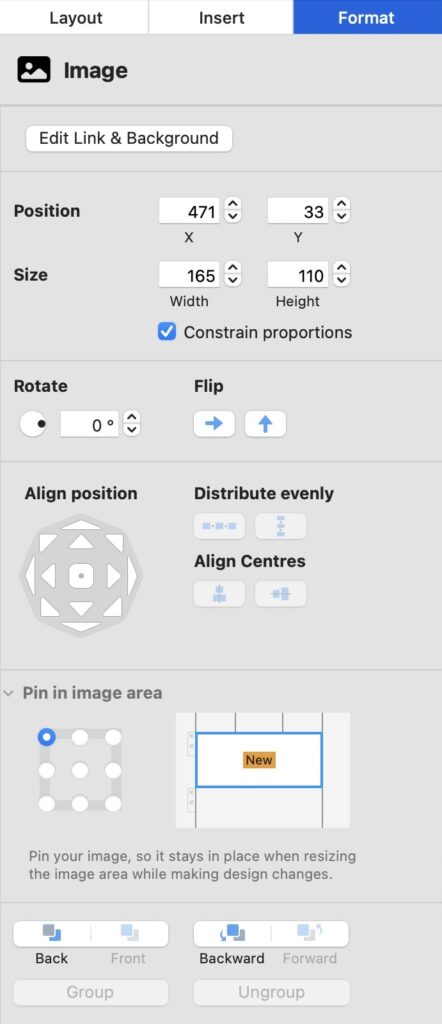 An "Image" format panel in Mail Designer 365, displaying controls for position, size, rotation, flip, and alignment. Under "Align position," a visual grid shows various alignment options, including the prominent "Align Centres" option for centre alignment, left alignment, right alignment, top alignment and bottom alignement, along with horizontal and vertical distribution tools.