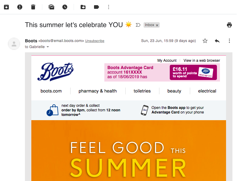 summer email subject line example by Boots