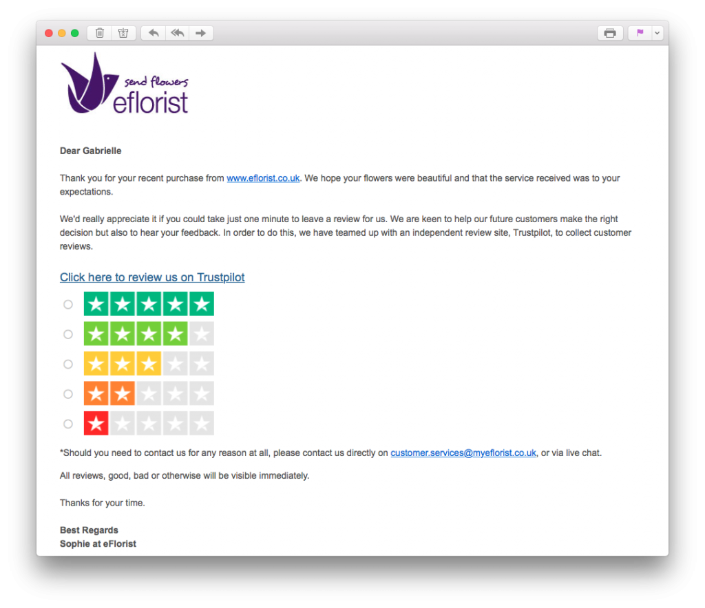 eFlorist customer feedback email