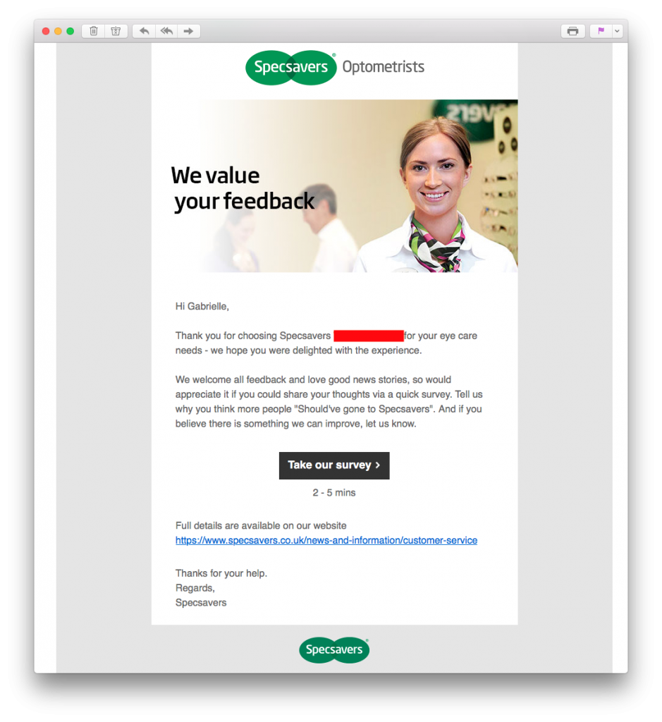 Specsavers customer feedback survey in email