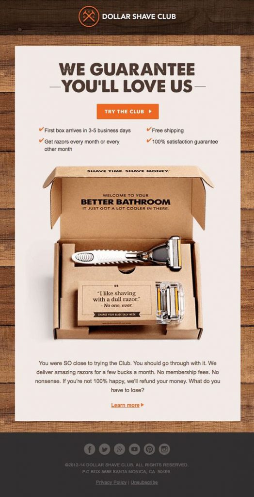 Re-engament campaign by the Dollar Shave Club sent in response to abandoned onboarding process.