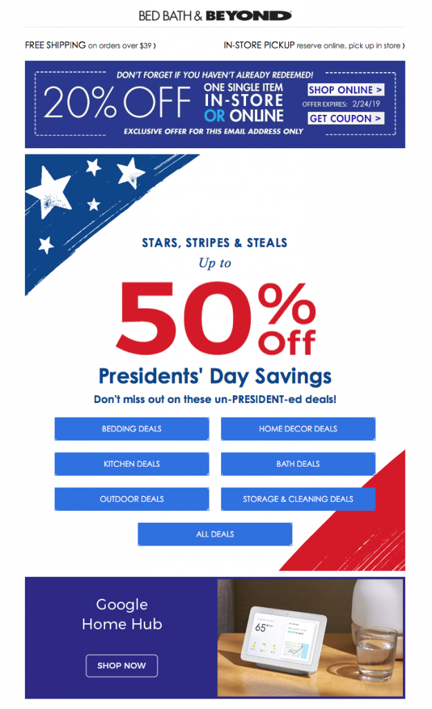 Presidents' Day email campaign by Bed Bath & Beyond