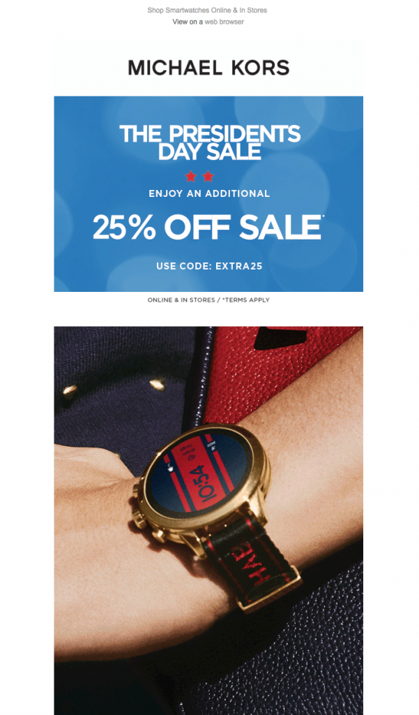 Email campaign by Michael Kors for Presidents' Day