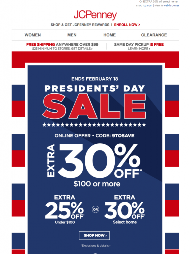 Presidents' Day email by JCPenney