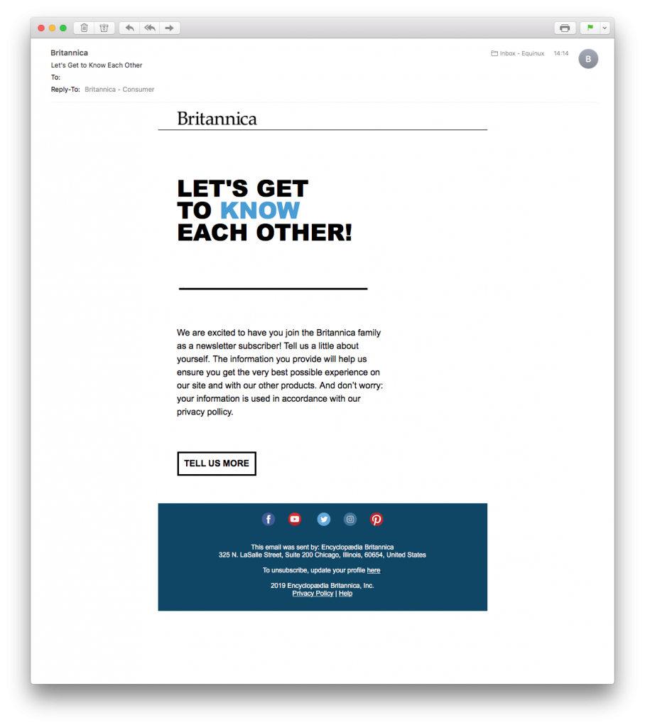 Britannica sent out this great welcome mail for better email list segmentation