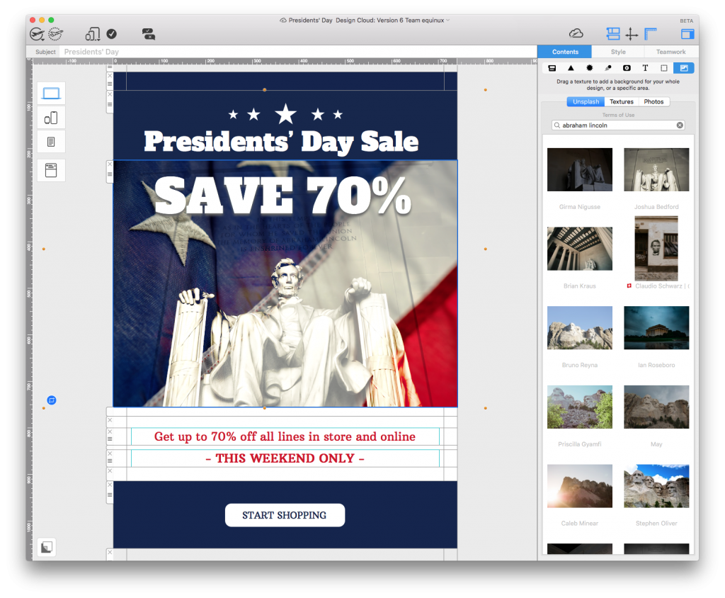 Example Presidents' Day email campaign built using Mail Designer 365