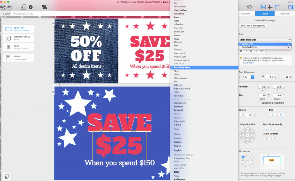 Example Presidents' Day email campaign made in Mail Designer 365