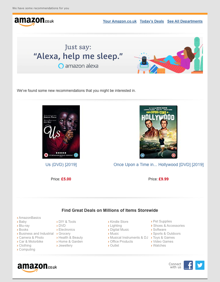 Amazon's product recommendation emails come as a result of their email list segmentation.