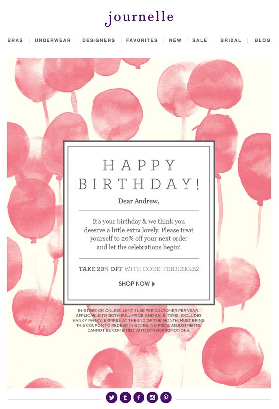 Customer birthday email by Journelle