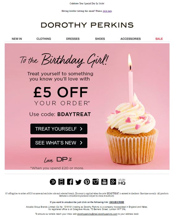 Birthday email by Dorothy Perkins