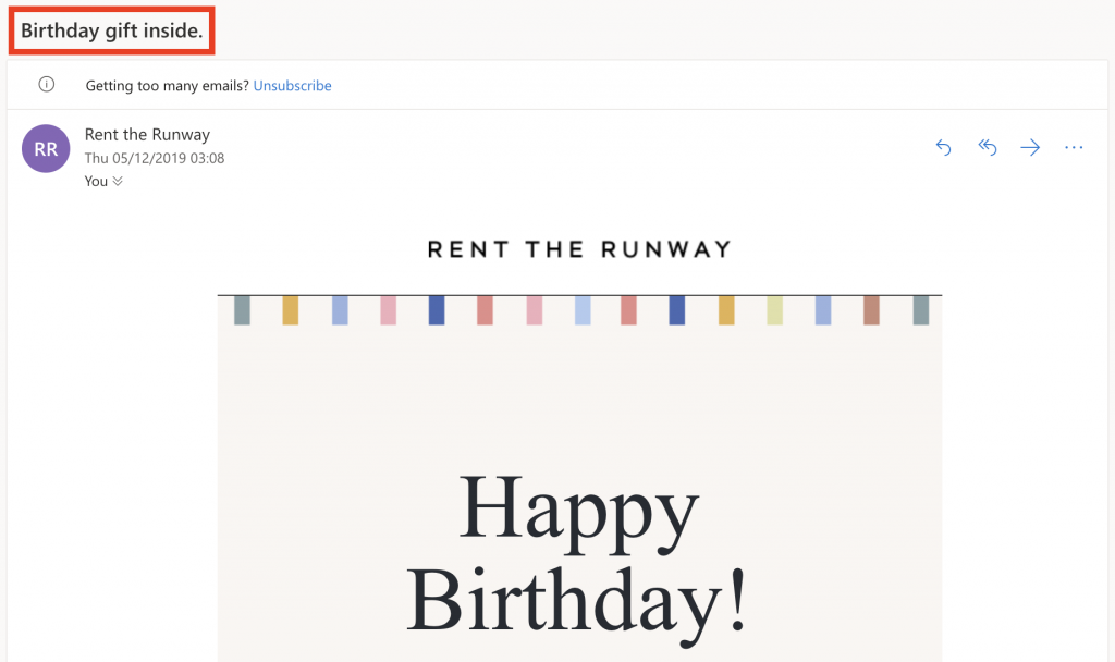 Happy Birthday email subject by Rent the Runway