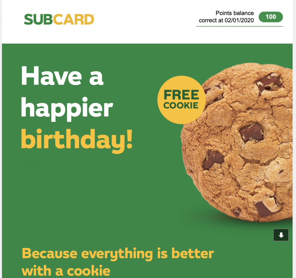 Birthday email by Subway