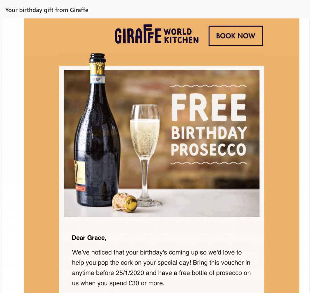 Happy birthday email promotion by Giraffe