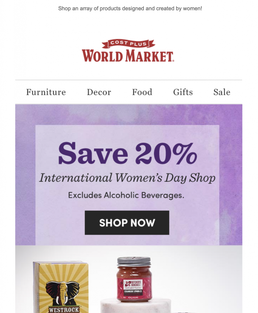 International Women's Day email by Cost Plus World Market