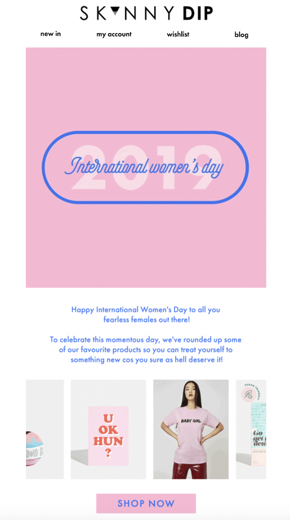 Women's Day email campaign by Skinny Dip