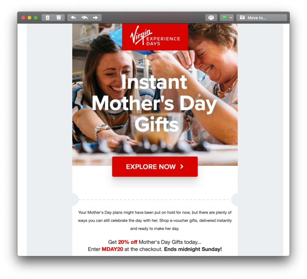Example email during a crisis by Virgin Experience Days