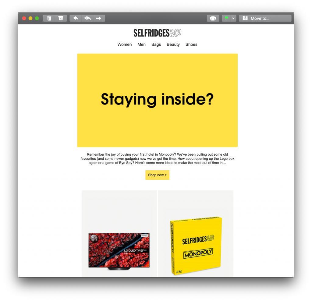 Email campaign sent by Selfridges during the Coronavirus crisis