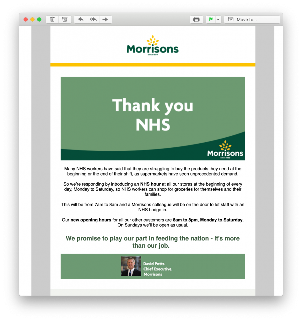 Crisis email by Morrisons giving back to the community