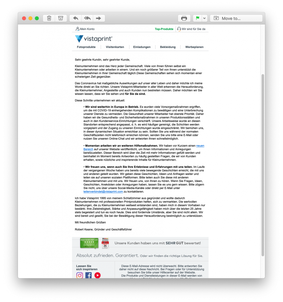 Coronavirus crisis email from Vistaprint