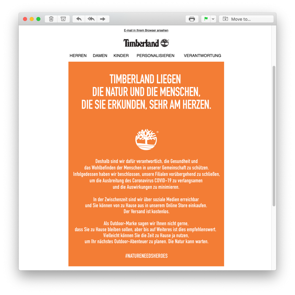 Coronavirus Kommunikation von Timberland