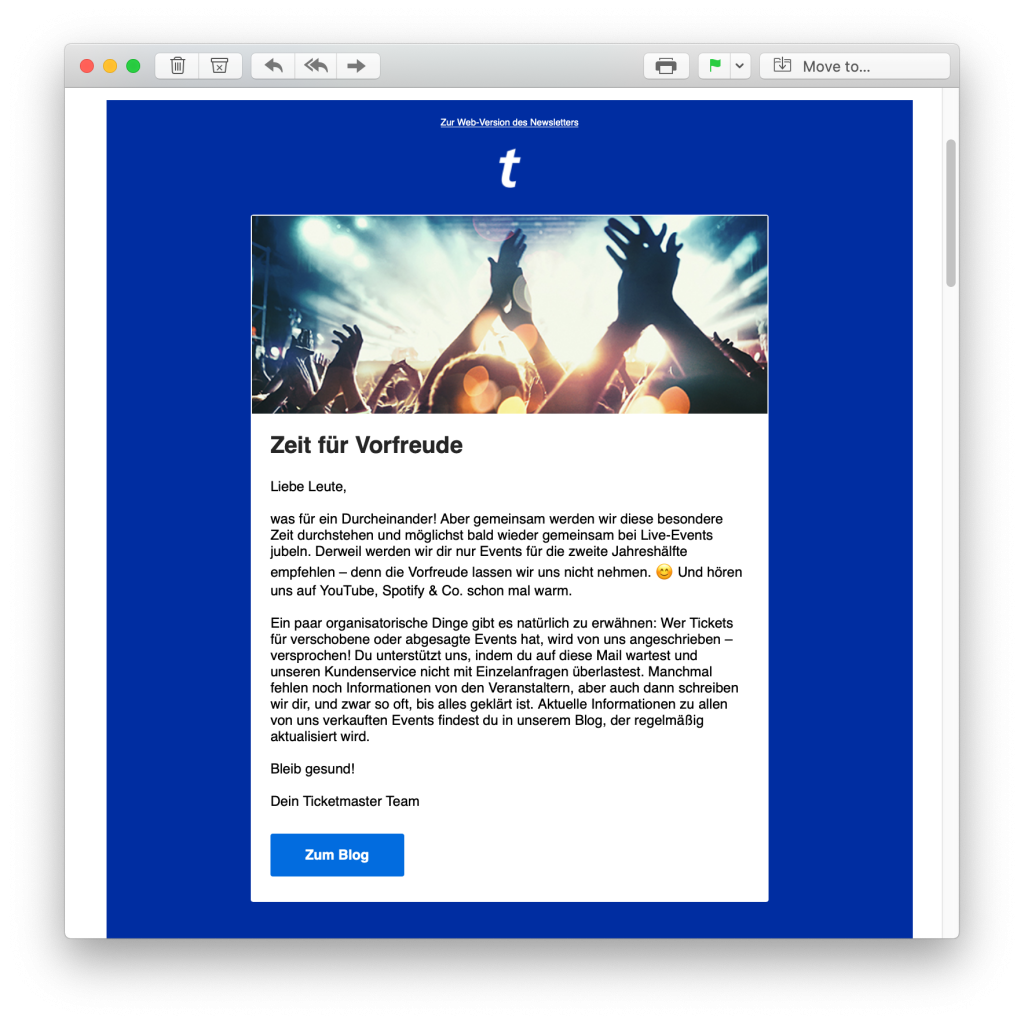 E-Mail-Reaktion zum Coronavirus von Ticketmaster