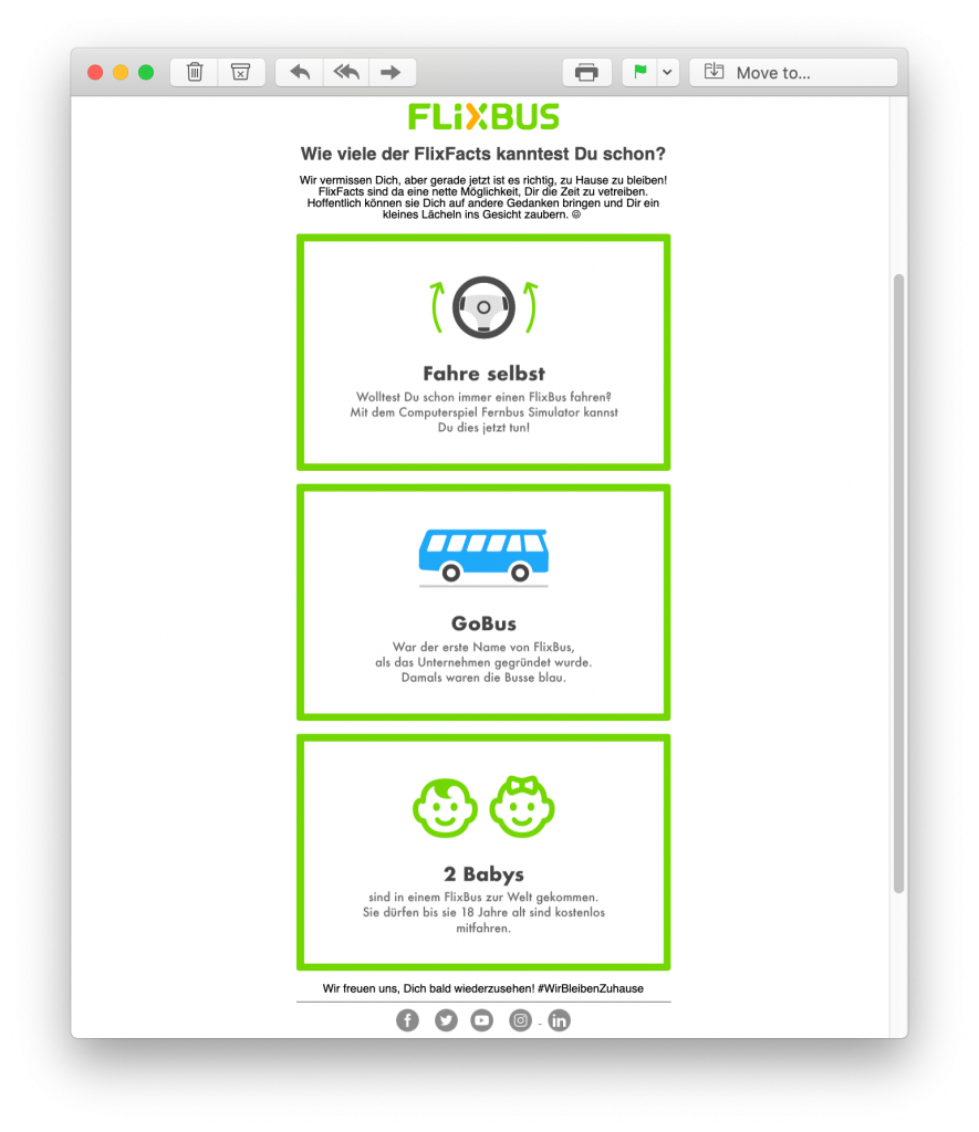 Lustige E-Mail-Promotion von Flixbus in der Coronaviruskrise