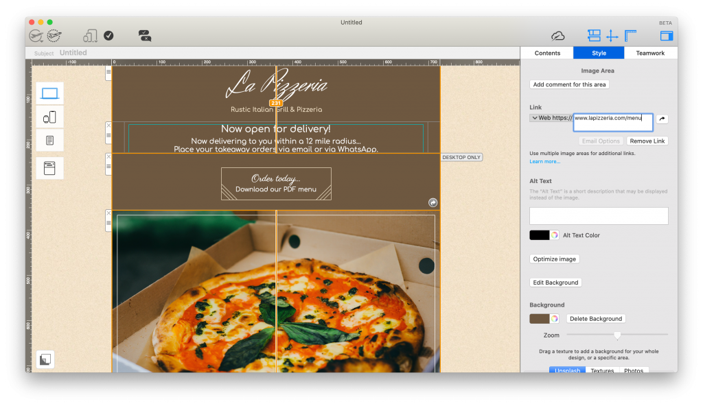 Restaurant email template in the Mail Designer 365 app