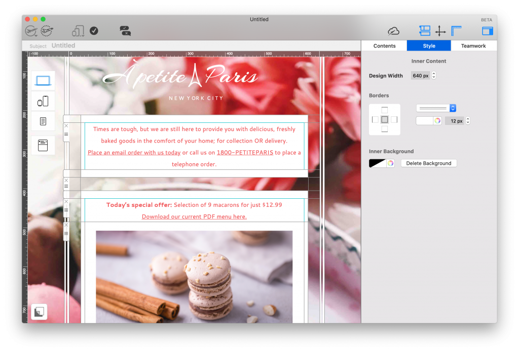 Mail Designer 365 cake store email template in design view