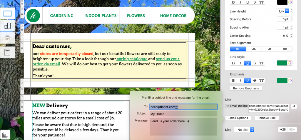 Email template for flower stores in Mail Designer 365