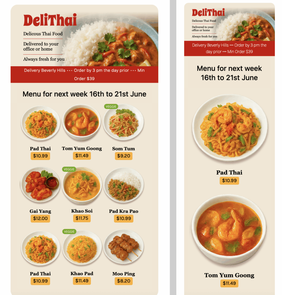 Email template showcasing Thai food delivery menu – includes featured dishes, vibrant imagery, and clear ordering options for takeout or online delivery.