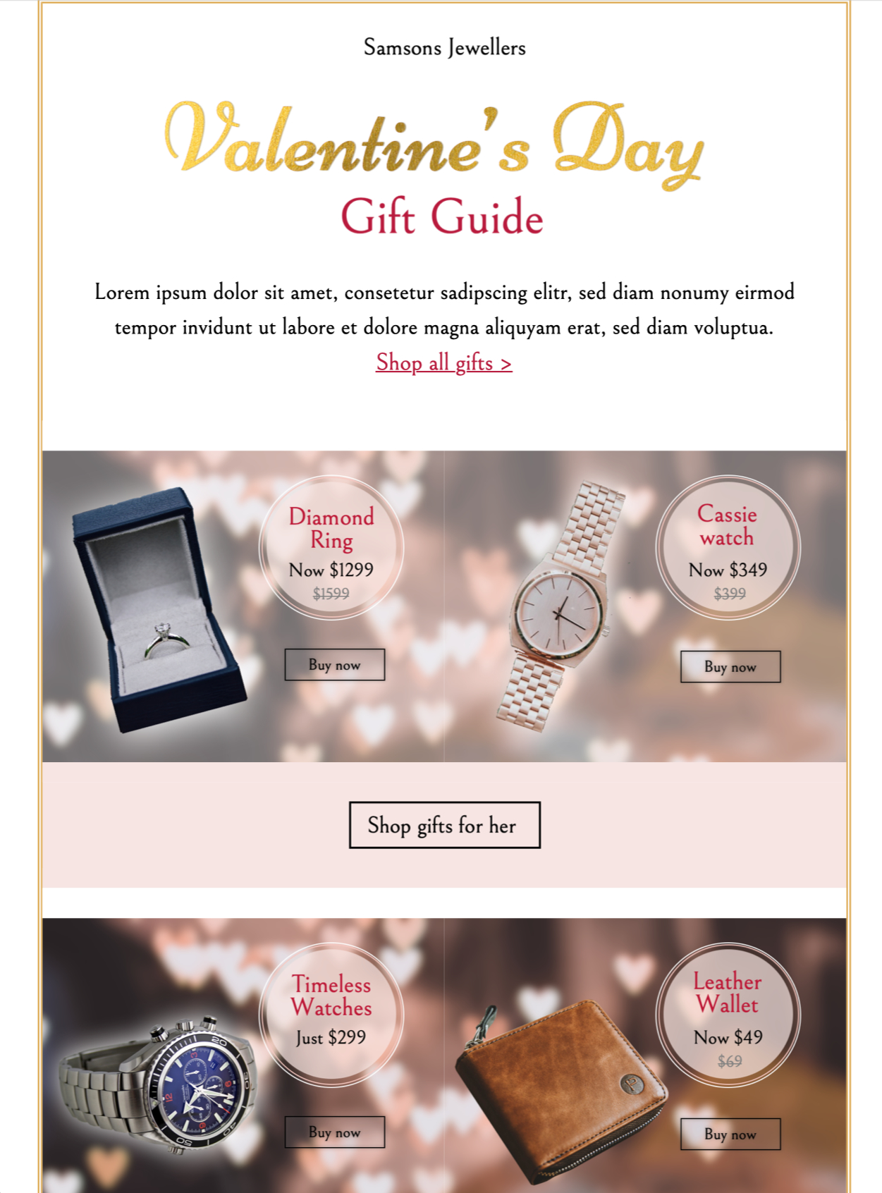 Valentine's Day Gift Guide HTML email template for Valentine's Day email promotions
