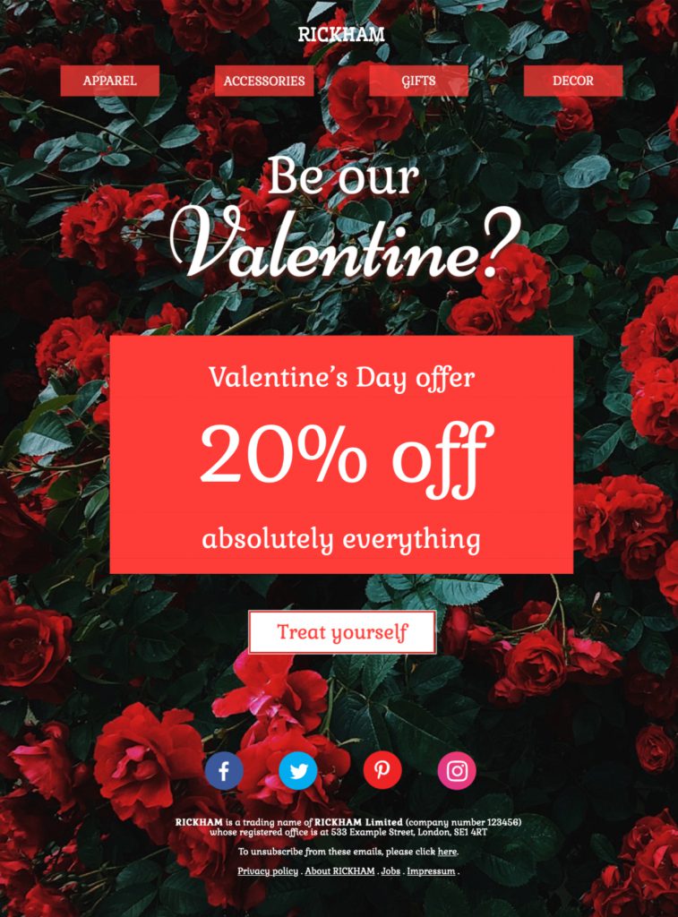 HTML email template for Valentine's Day email promotions