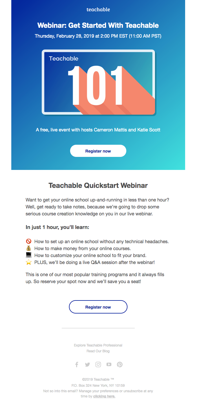 Webinar invitation email by Teachable