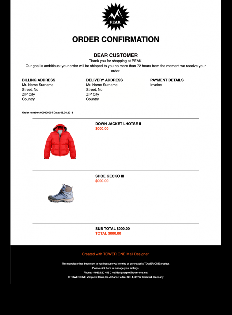 classic order confirmation html email template