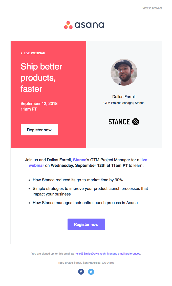 Webinar email by Asana