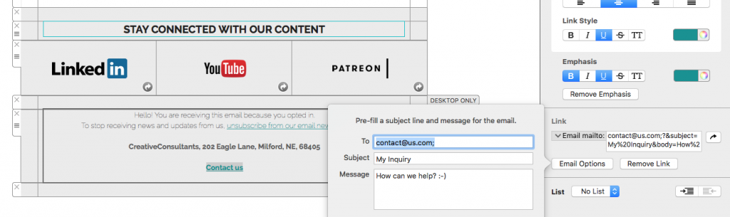 Email mailto link options in Mail Designer 365