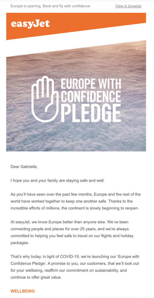 email announcement by easyJet