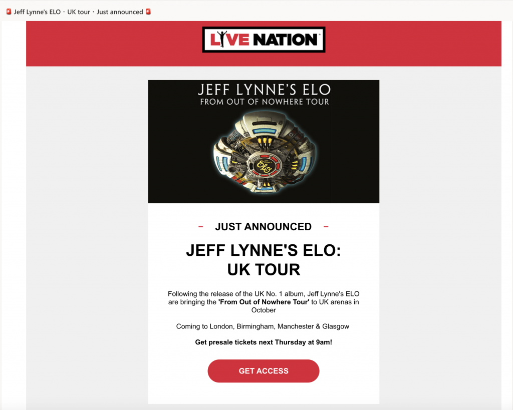 Tour announcement email by Live Nation