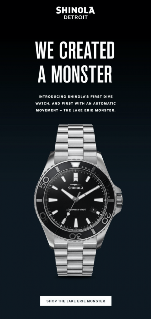 new product announcement email by Shinola