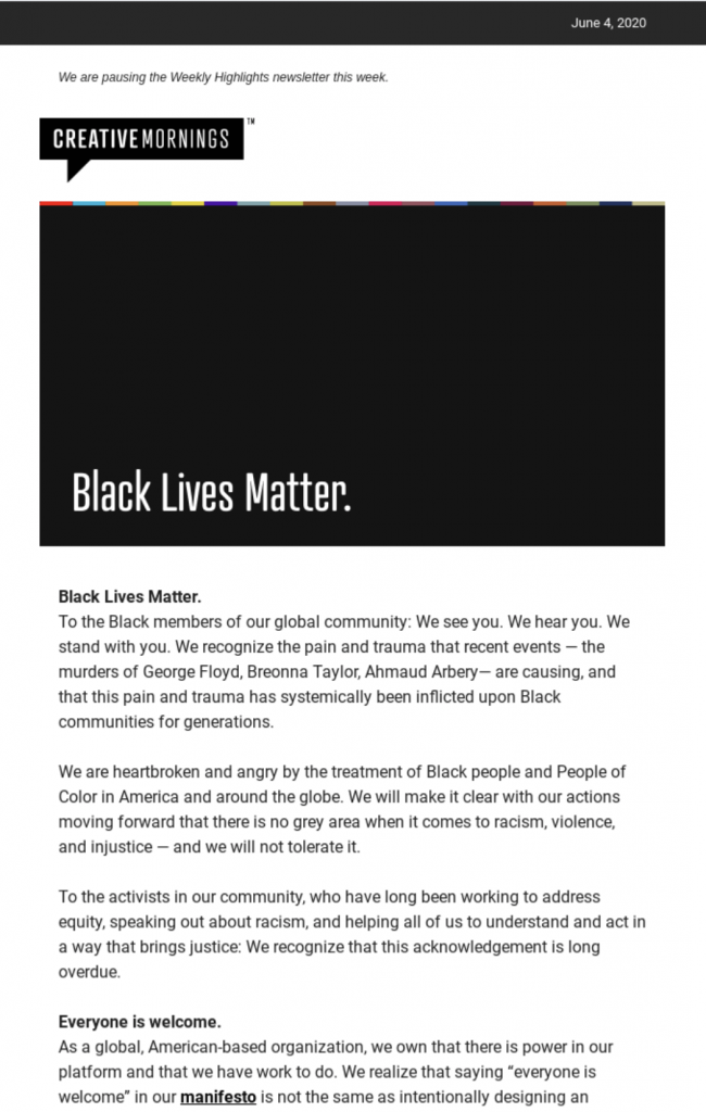 powerful email statement by creative mornings