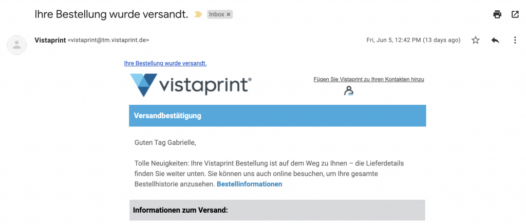 Transactional-Mail von Vistaprint