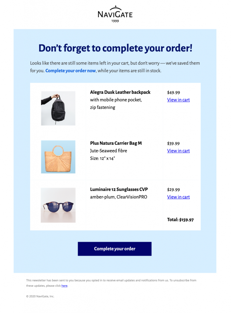 HTML email template for abandoned cart emails