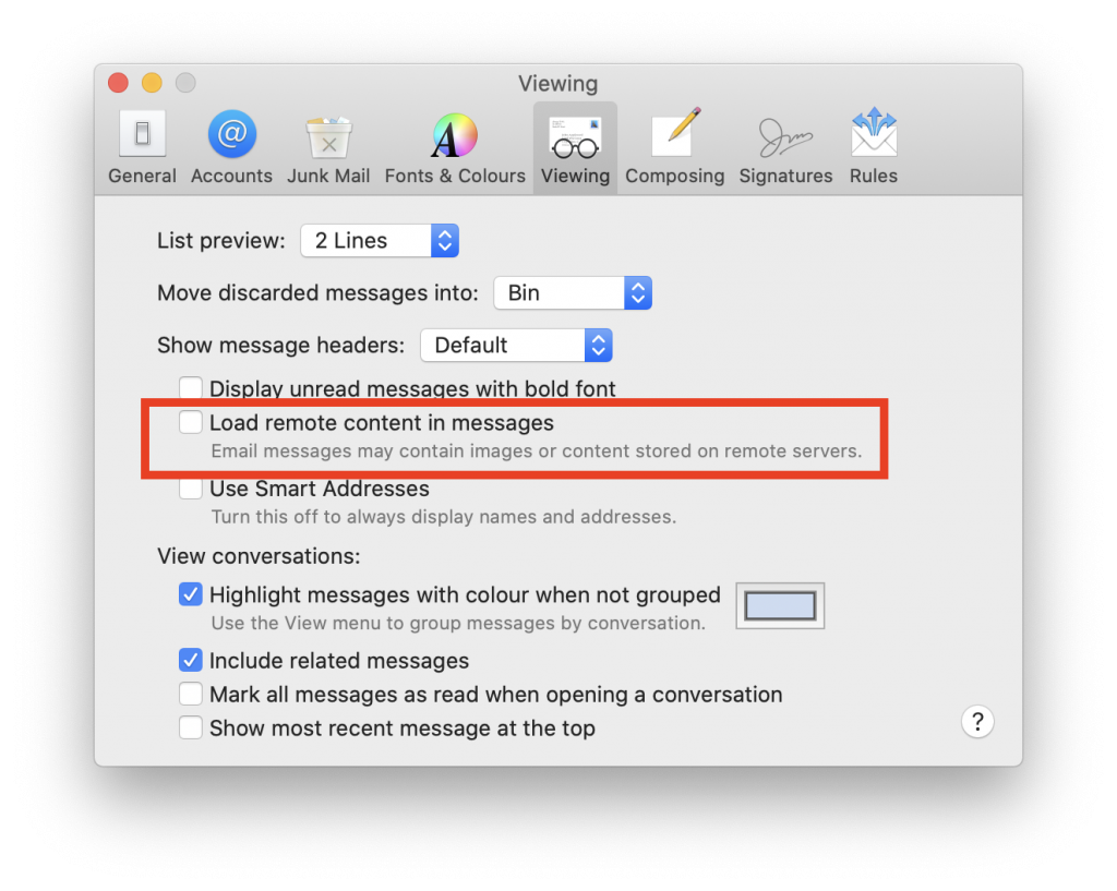 How to turn off loading remote content in Apple Mail