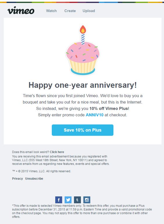 Anniversary email promotion by Vimeo