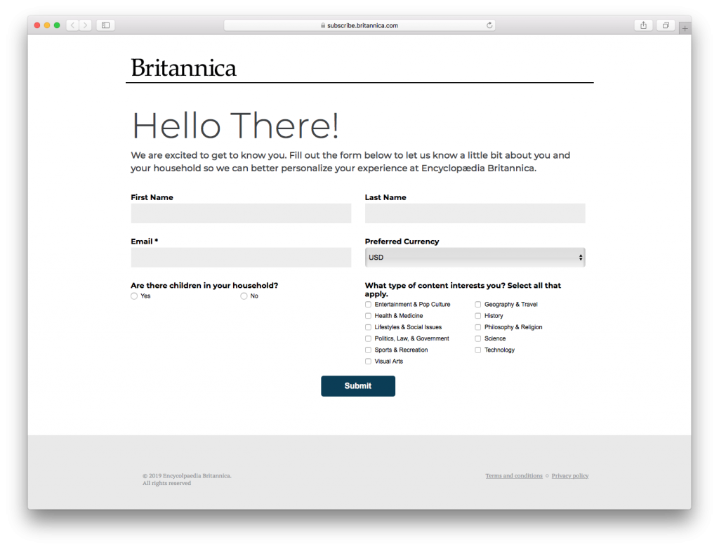 New customer survey from a welcome email by Britannica