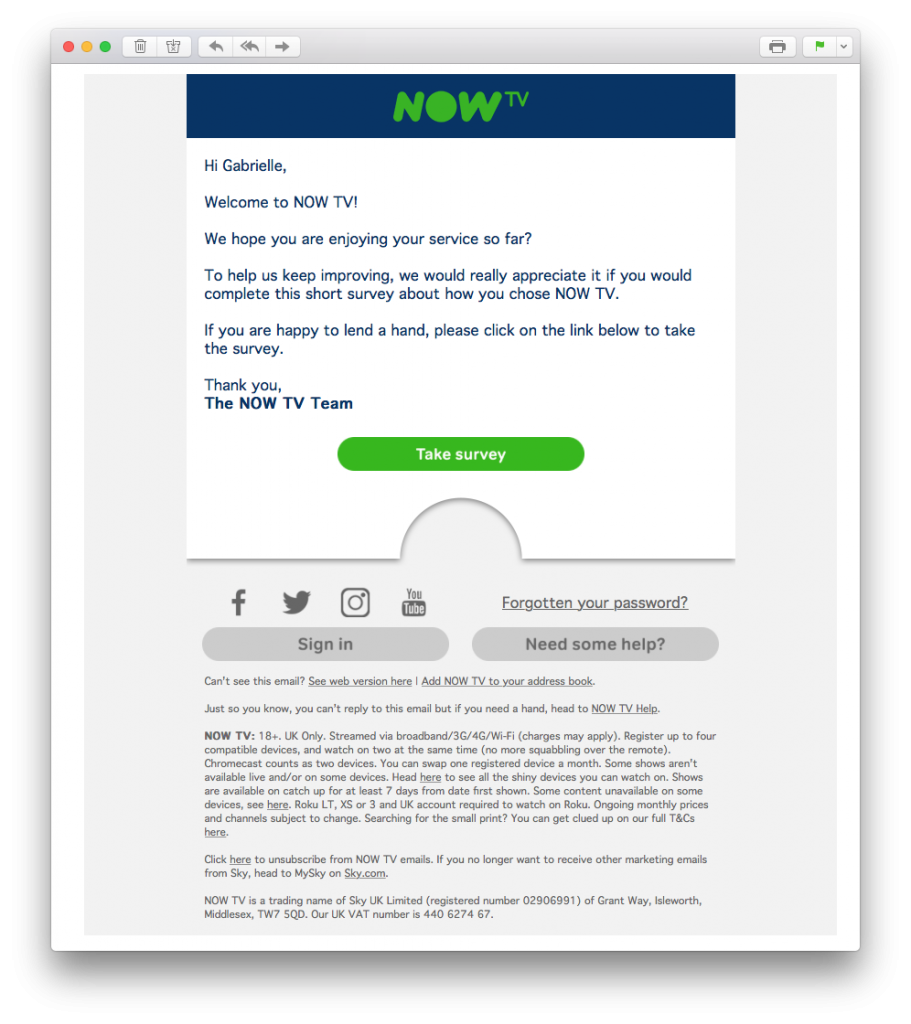 Feedback email in welcome email series by NOW TV