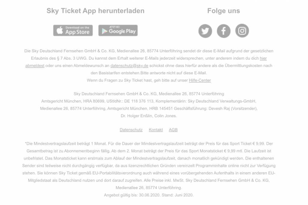 Beispiel von Geschäftsbedingungen in einem E-Mail-Disclaimer von Sky