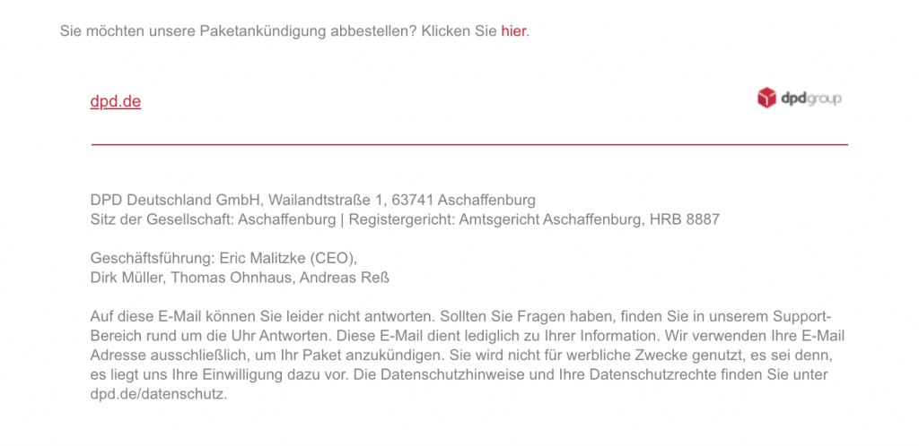 Datenschutzerklärung von DPD im E-Mail-Disclaimer