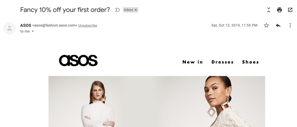 Email subject line in welcome email by ASOS